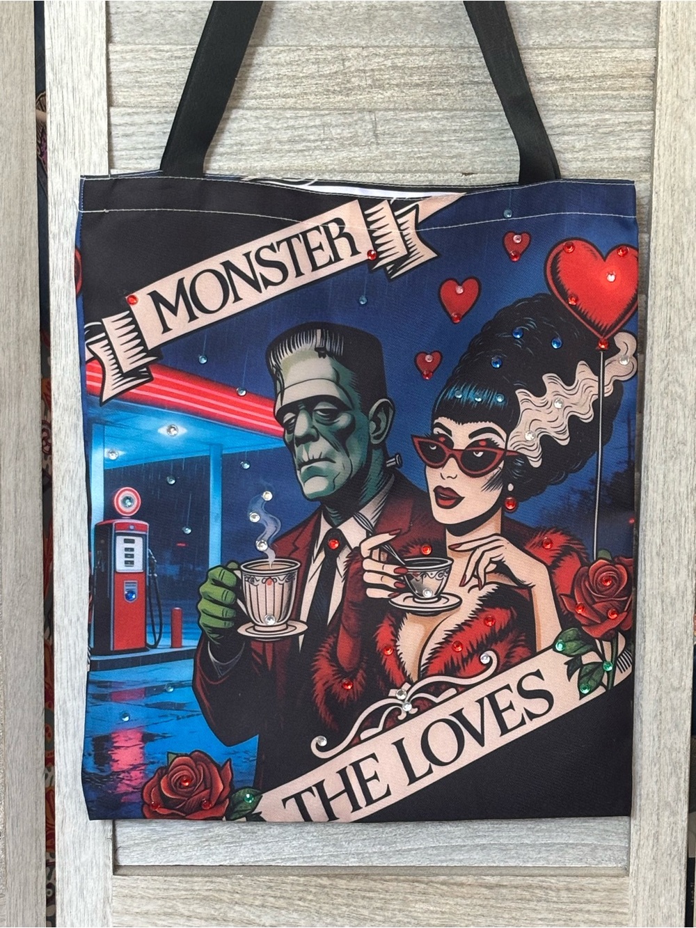 NWOT Hand-Embellished Goth Frankenstein & Bride “Custom” Rhinestone Tote Bag!